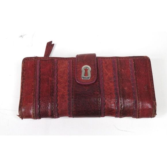 Vintage Fossil Key Scalloped Striped Leather Bifold Long Wallet Burgundy Rare - Picture 1 of 6
